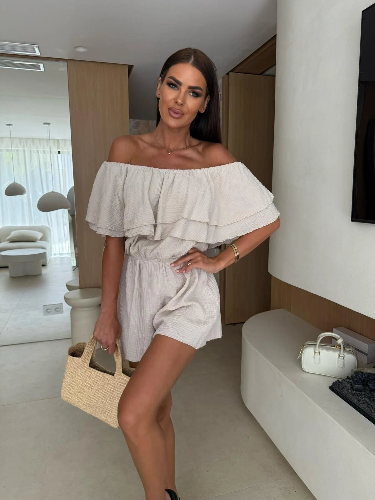 Women's Off Shoulder Ruffled Layered Romper Casual Short Jumpsuit for Summer Daily Wear and Beach Outings