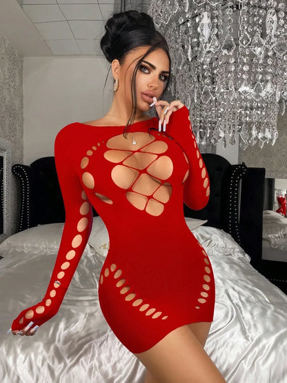 Women'S Sexy Halter Neck Bodycon Dress with Cut-Out & Fishnet Stretchy Lingerie Sleepwear, Evening Wear, Elegant Nightgown