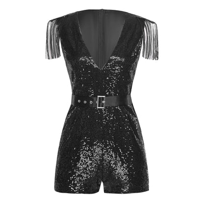 Women Fashion Romper Sequined Tassels Jumpsuits Hot V-neck Sleeveless Sparkly with Belt Rave Disco Club Wedding Party Costume
