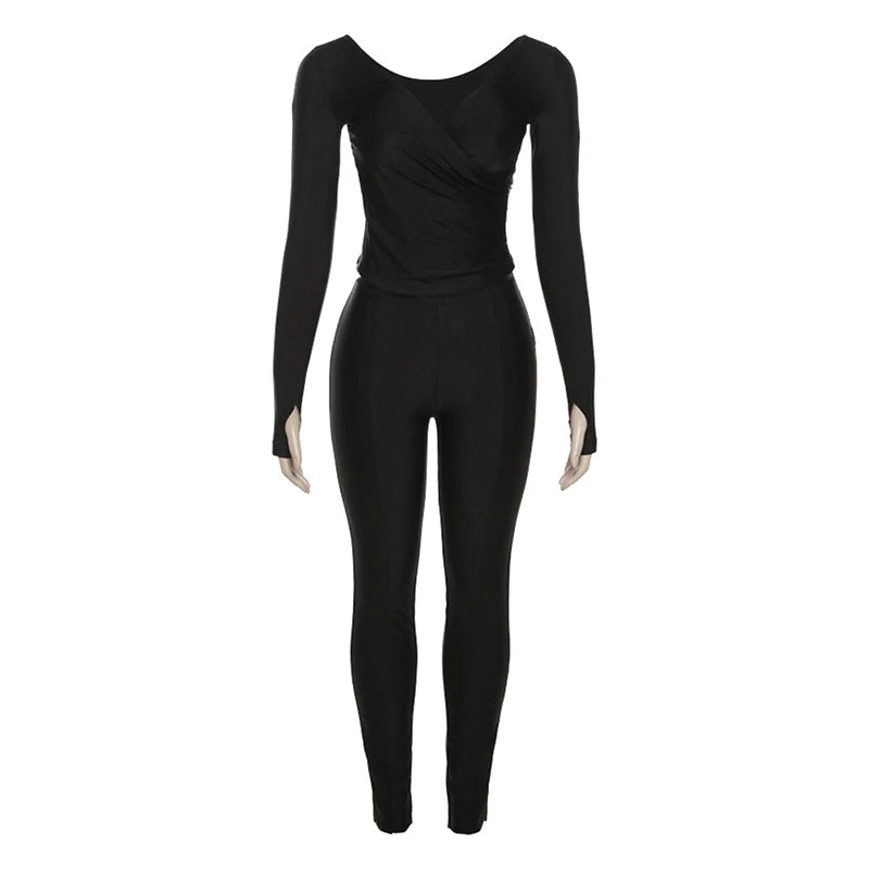 Oshfall Autumn New Fashion Retro Solid Two-Piece V-neck Long Sleeved Top+High Waist Slim Pants Women Sexy Street Casual Suit