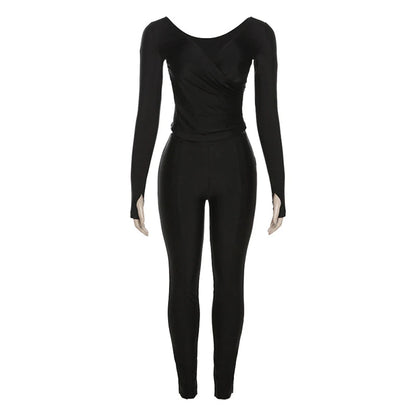 Oshfall Autumn New Fashion Retro Solid Two-Piece V-neck Long Sleeved Top+High Waist Slim Pants Women Sexy Street Casual Suit