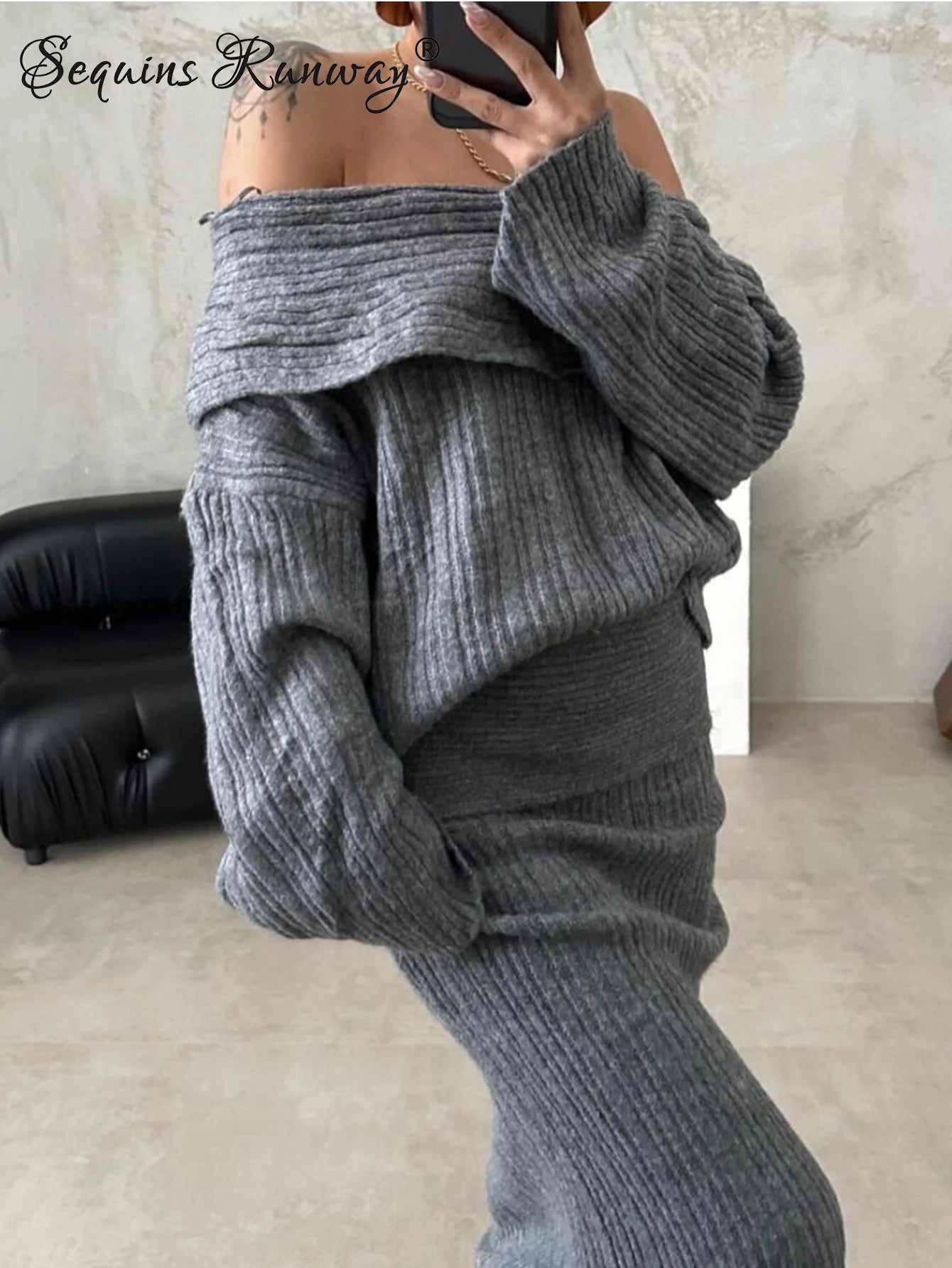 Off-Shoulder Knit Sweater Dress