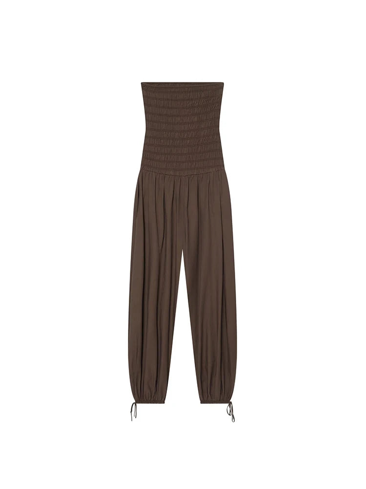 New Low Cut Rompers Playsuits For Ladies Solid High Waist Tube Top Casual Jumpsuit Fashion Sexy Strapless Wide Leg Pant Jumpsuit