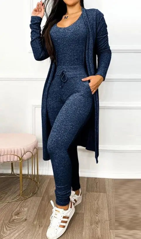 Sleeveless V-Neck Jumpsuit & Long Sleeve Coat 2-Piece Set