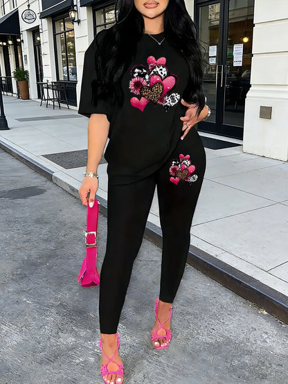 Women's Fashionable Multi-Color Heart-Print Two-Piece Set of Round-Neck Short-Sleeved Long Pants for Casual Sports Wear, with Va