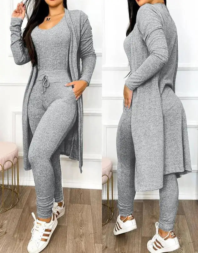 Sleeveless V-Neck Jumpsuit & Long Sleeve Coat 2-Piece Set