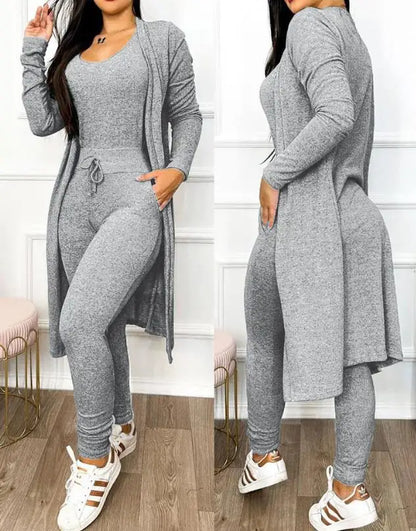Sleeveless V-Neck Jumpsuit & Long Sleeve Coat 2-Piece Set