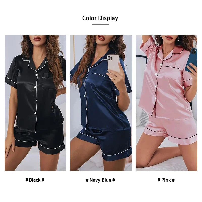 2026 Women Satin Pajamas Set 2-piece Pj Sets Sleepwear Loungewear Button-Down Pajama Women Pajamas Pijama Homewear Shorts Set