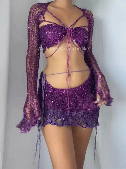 Women Sexy Dancing Dress Set Women's 2023 New Beaded Knitted Sweater Three Piece Set Fashion Looking