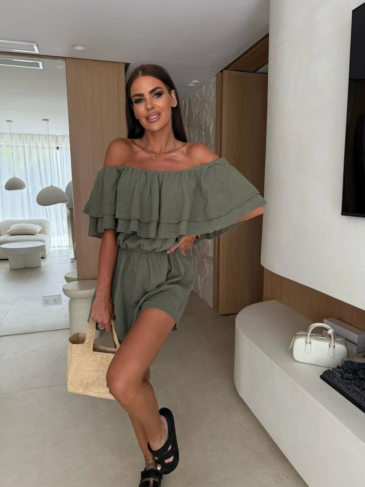 Women's Off Shoulder Ruffled Layered Romper Casual Short Jumpsuit for Summer Daily Wear and Beach Outings