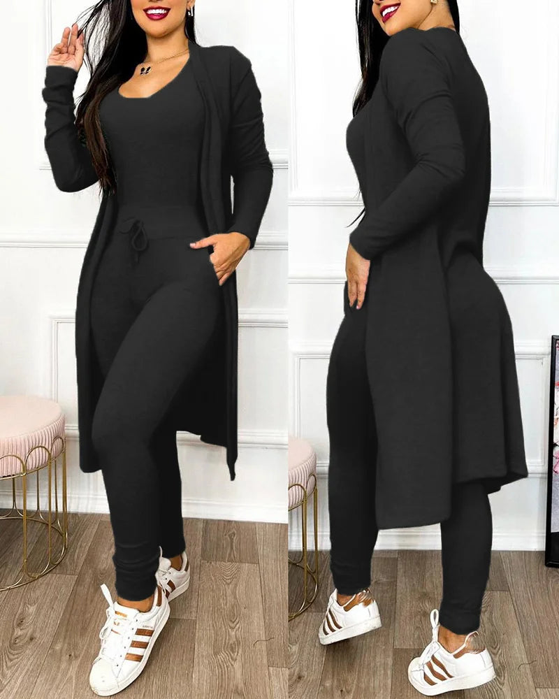 Sleeveless V-Neck Jumpsuit & Long Sleeve Coat 2-Piece Set