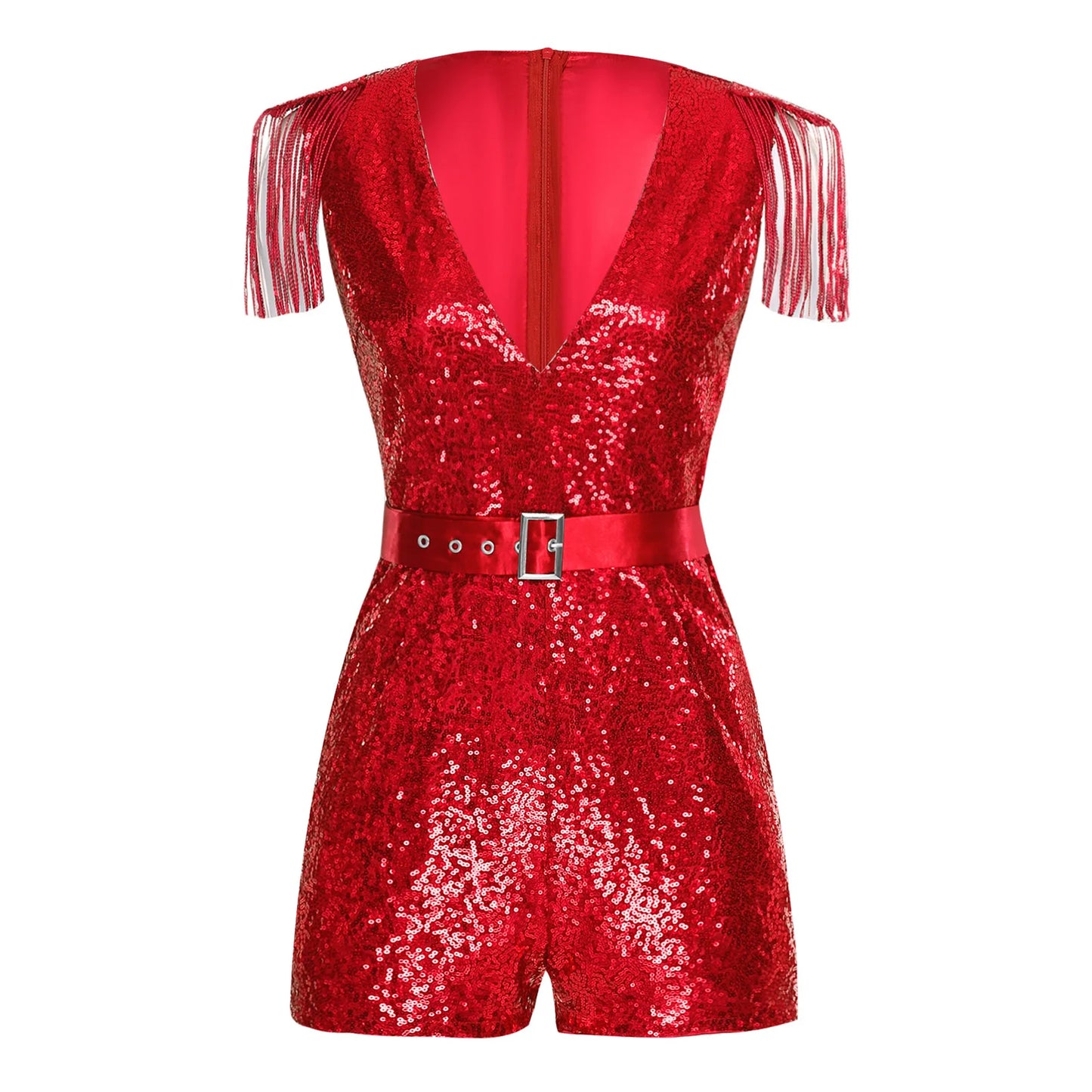 Women Fashion Romper Sequined Tassels Jumpsuits Hot V-neck Sleeveless Sparkly with Belt Rave Disco Club Wedding Party Costume
