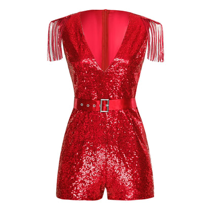 Women Fashion Romper Sequined Tassels Jumpsuits Hot V-neck Sleeveless Sparkly with Belt Rave Disco Club Wedding Party Costume