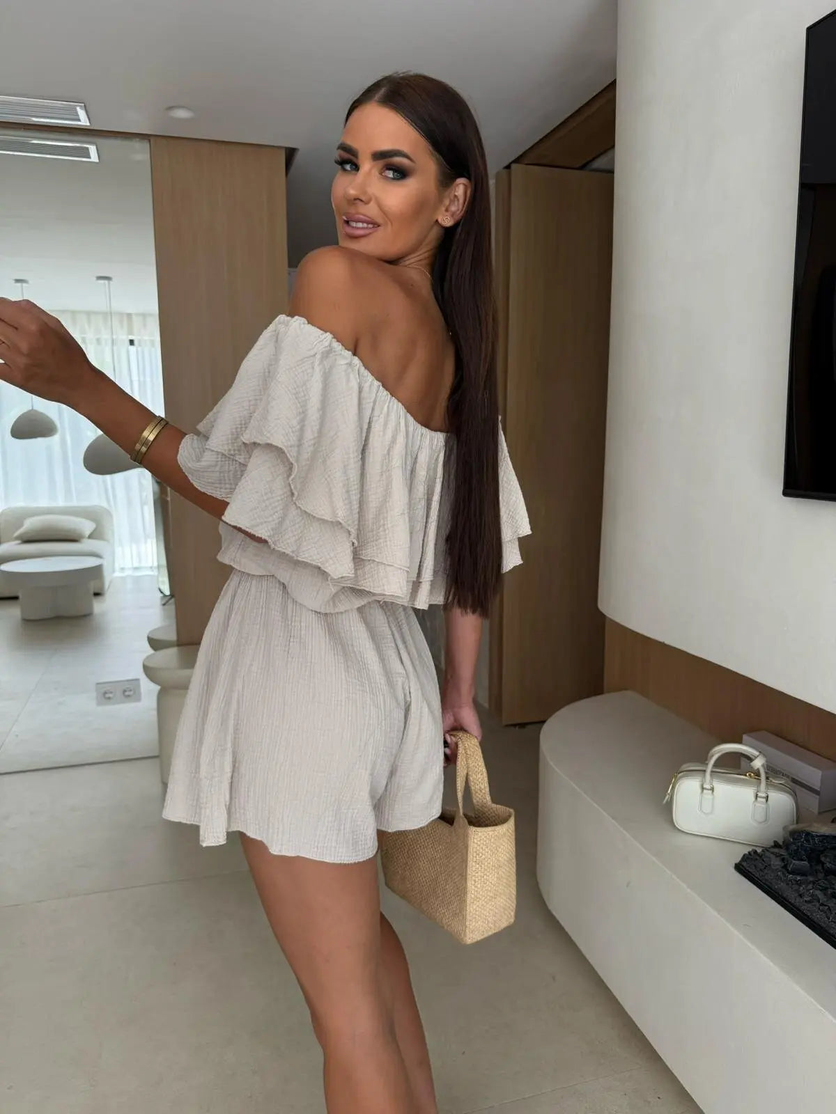 Women's Off Shoulder Ruffled Layered Romper Casual Short Jumpsuit for Summer Daily Wear and Beach Outings