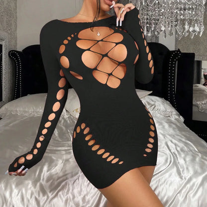 Women'S Sexy Halter Neck Bodycon Dress with Cut-Out & Fishnet Stretchy Lingerie Sleepwear, Evening Wear, Elegant Nightgown