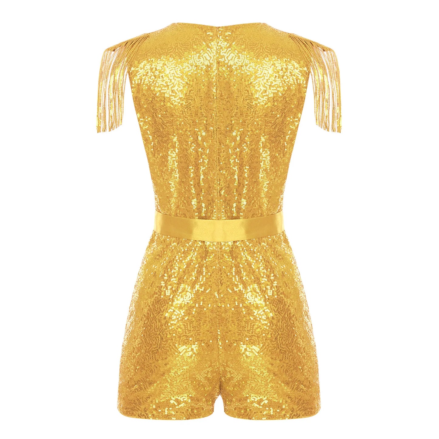 Women Fashion Romper Sequined Tassels Jumpsuits Hot V-neck Sleeveless Sparkly with Belt Rave Disco Club Wedding Party Costume
