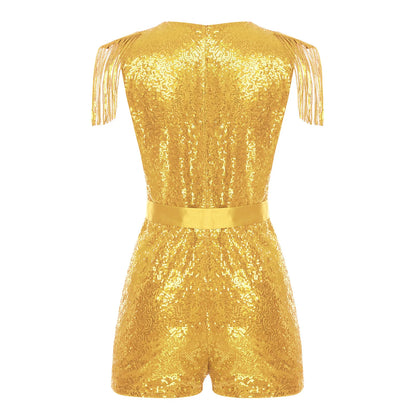Women Fashion Romper Sequined Tassels Jumpsuits Hot V-neck Sleeveless Sparkly with Belt Rave Disco Club Wedding Party Costume