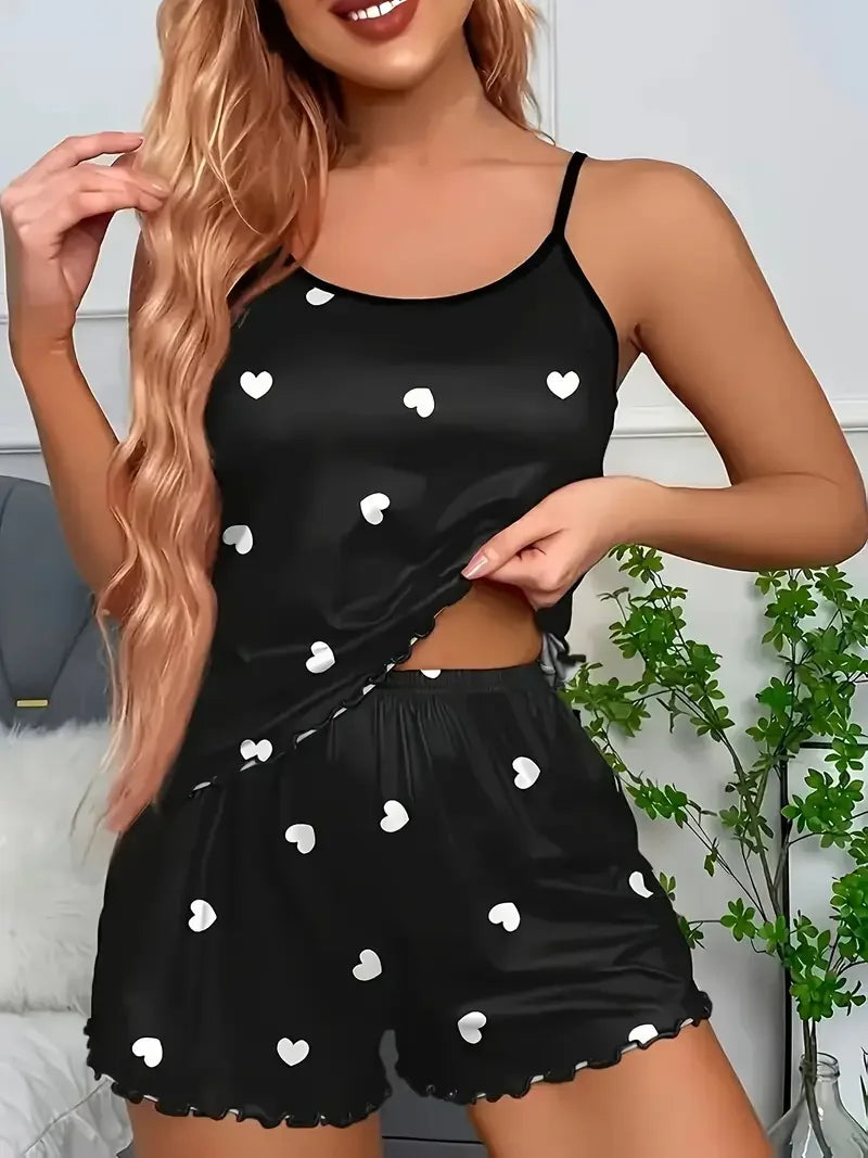 5 Size Choose S M L XL 2XLWomen's Two-Piece Suspender Heart Printed Top and Shorts Women's Casual Printed Pajama Set