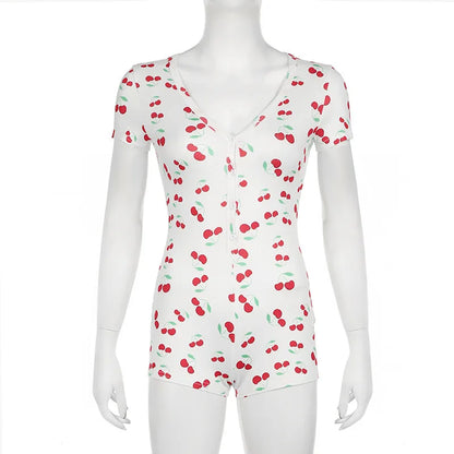 Pajamas Women's Onesies Front Button Cherry Print V-Neck Short Sleeve Romper Jumpsuit Nightgown Loungewear Sleepwear