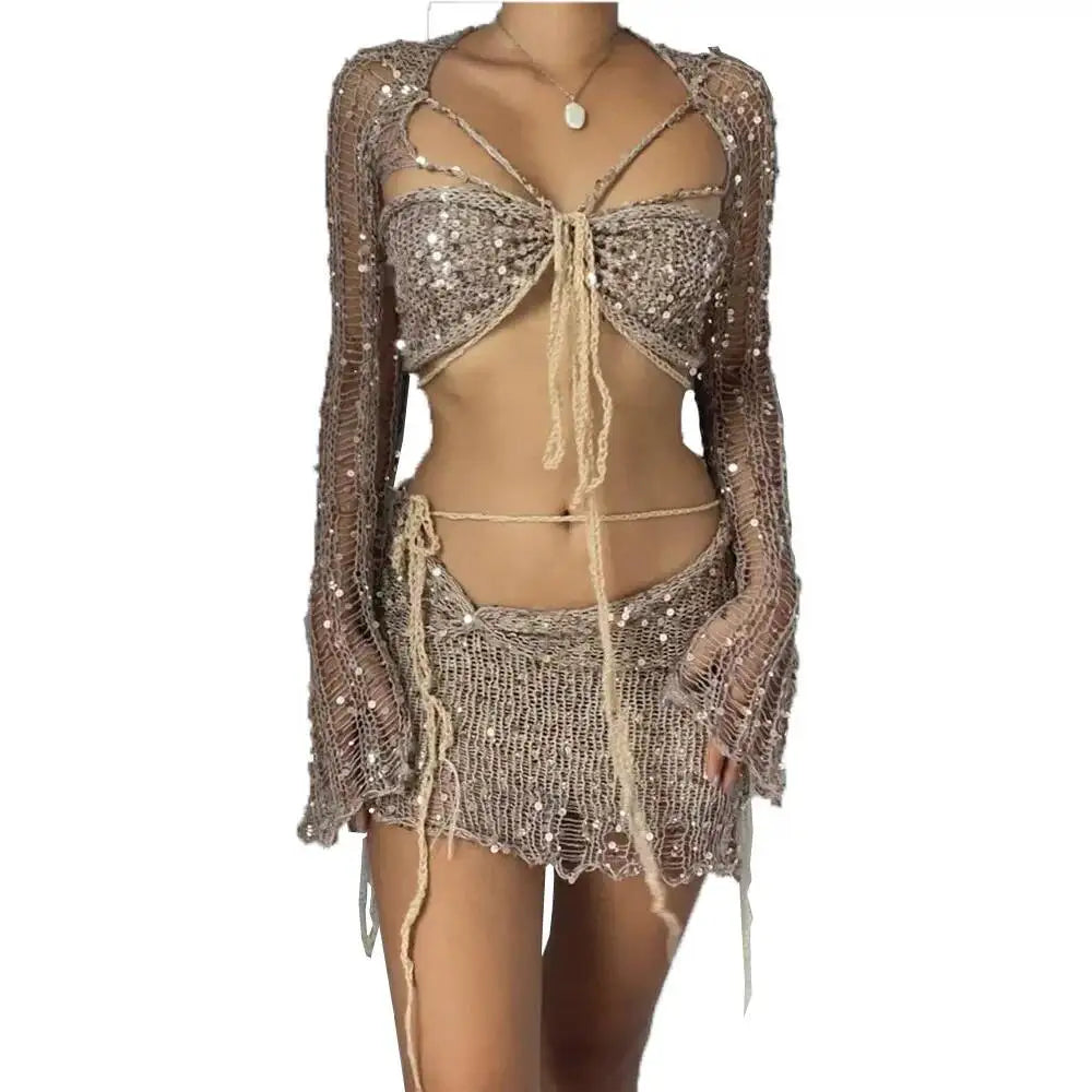 Women Sexy Dancing Dress Set Women's 2023 New Beaded Knitted Sweater Three Piece Set Fashion Looking