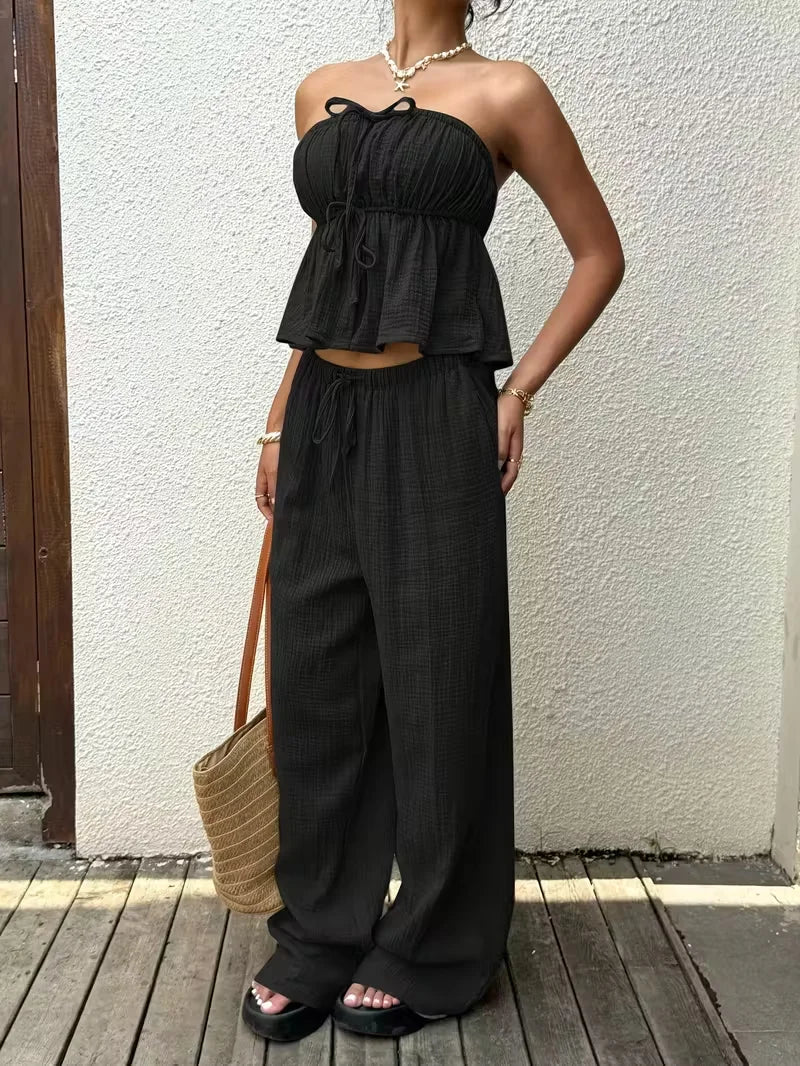 2 Piece Sets Woman Outfits, New Women's Casual Two-Piece Lace Up Top and Pants