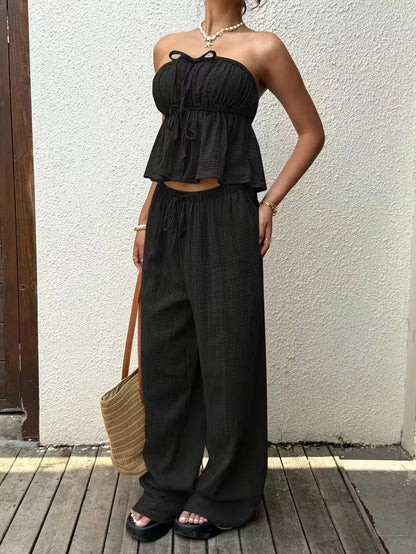 2 Piece Sets Woman Outfits, New Women's Casual Two-Piece Lace Up Top and Pants