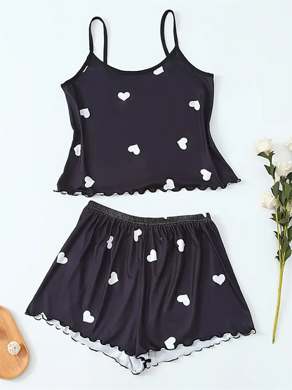 5 Size Choose S M L XL 2XLWomen's Two-Piece Suspender Heart Printed Top and Shorts Women's Casual Printed Pajama Set