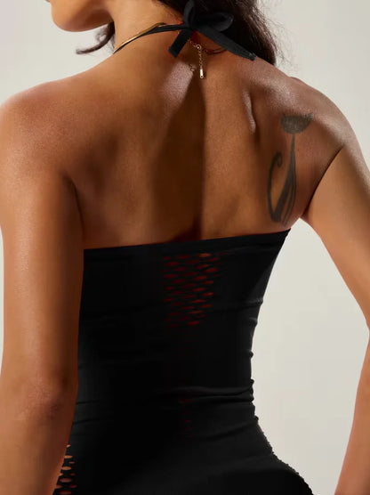 Women'S Sexy Halter Neck Bodycon Dress with Cut-Out & Fishnet Stretchy Lingerie Sleepwear, Evening Wear, Elegant Nightgown
