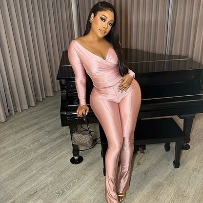 Oshfall Autumn New Fashion Retro Solid Two-Piece V-neck Long Sleeved Top+High Waist Slim Pants Women Sexy Street Casual Suit