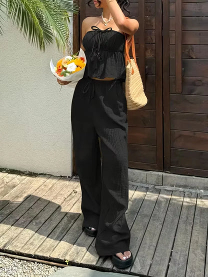 2 Piece Sets Woman Outfits, New Women's Casual Two-Piece Lace Up Top and Pants
