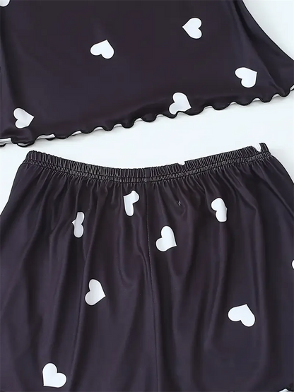 5 Size Choose S M L XL 2XLWomen's Two-Piece Suspender Heart Printed Top and Shorts Women's Casual Printed Pajama Set