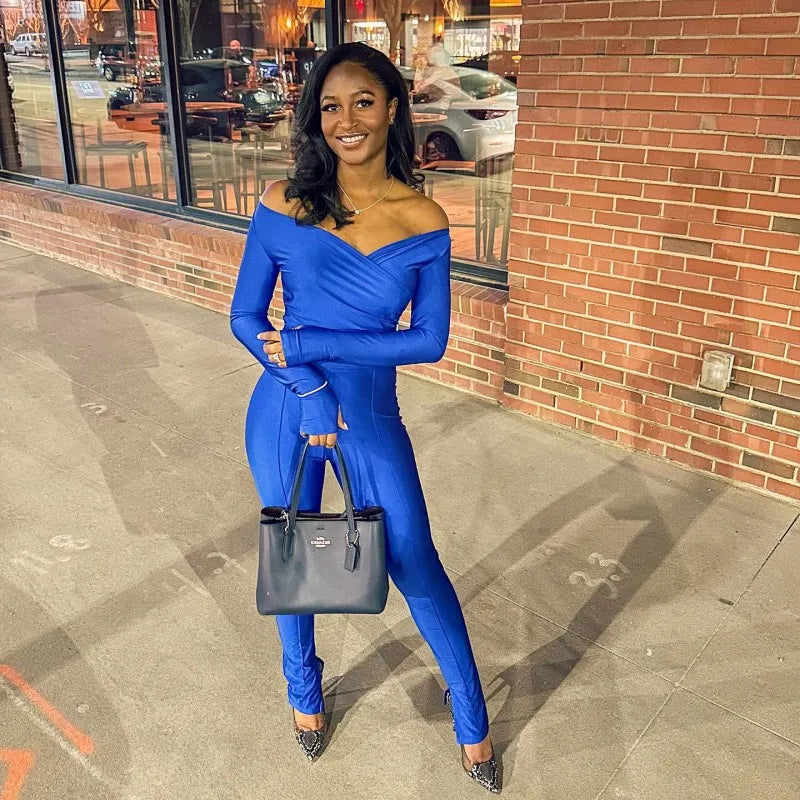 Oshfall Autumn New Fashion Retro Solid Two-Piece V-neck Long Sleeved Top+High Waist Slim Pants Women Sexy Street Casual Suit