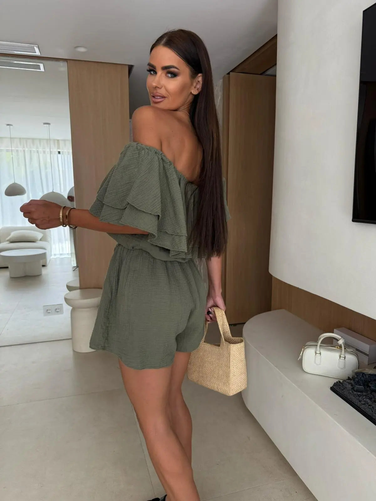 Women's Off Shoulder Ruffled Layered Romper Casual Short Jumpsuit for Summer Daily Wear and Beach Outings