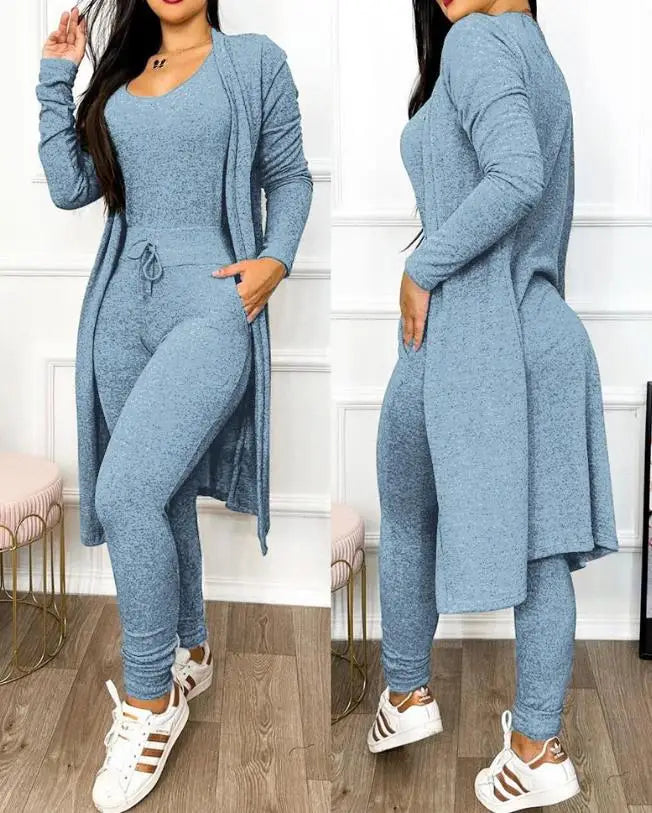 Sleeveless V-Neck Jumpsuit & Long Sleeve Coat 2-Piece Set