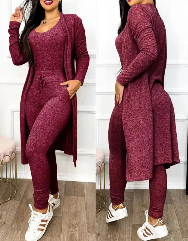 Sleeveless V-Neck Jumpsuit & Long Sleeve Coat 2-Piece Set