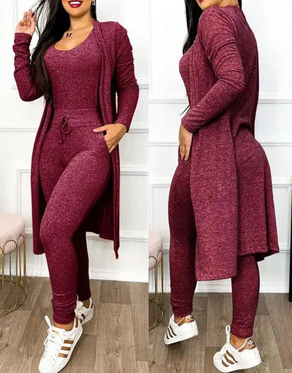 Sleeveless V-Neck Jumpsuit & Long Sleeve Coat 2-Piece Set