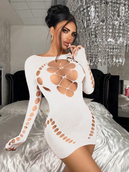 Women'S Sexy Halter Neck Bodycon Dress with Cut-Out & Fishnet Stretchy Lingerie Sleepwear, Evening Wear, Elegant Nightgown